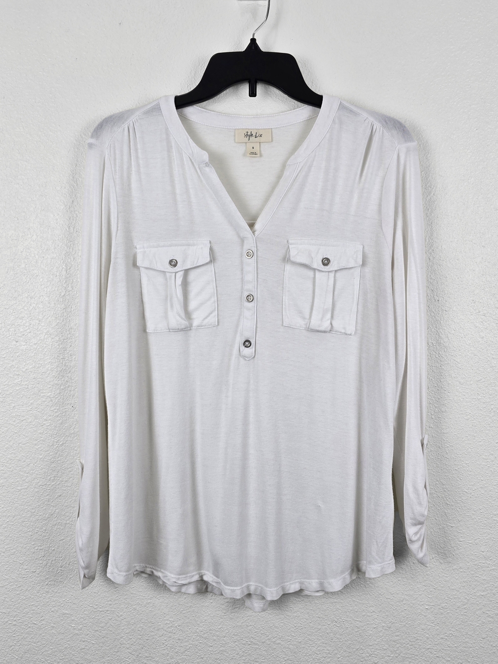 Style & Co White Roll Tab Sleeve Utility Henley Top Size Small
